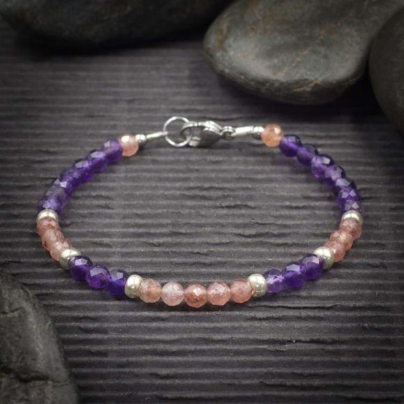 Amethyst and Strawberry Quartz Crystal Bracelet - Handmade to Order - Picture 1 of 2